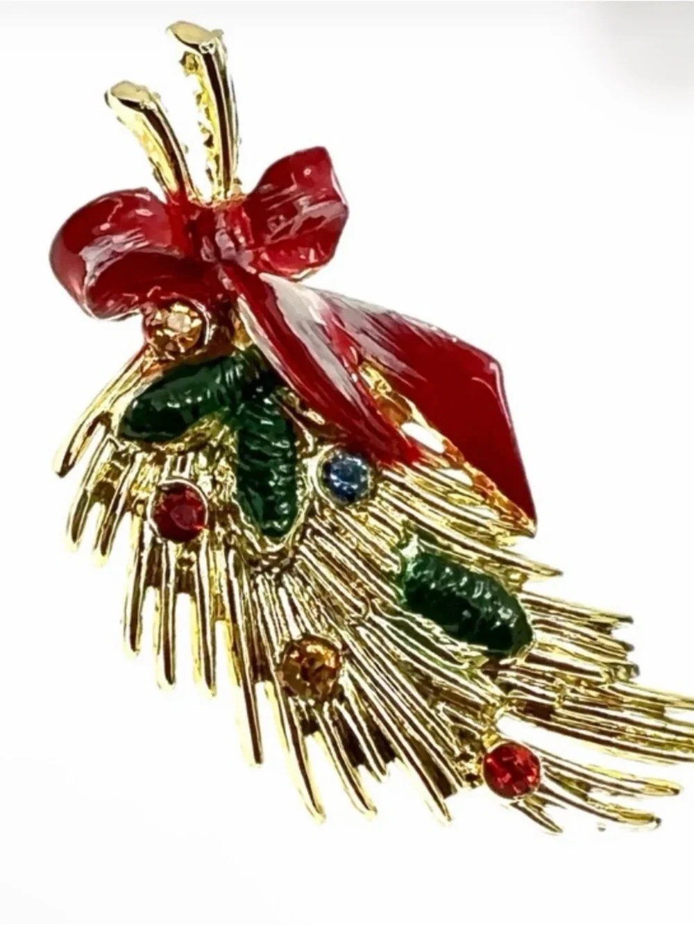 Vintage 1960’s Brooks gold-tone holiday spray brooch with multicolor rhinestones